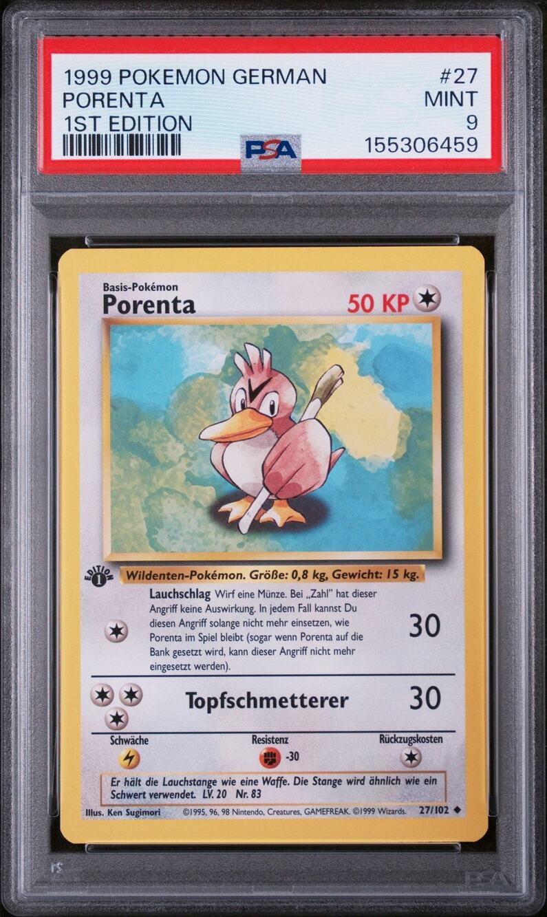 PSA 9 MINT Farfetch'd (Porenta) 1st Edition 52/102 Pokémon 1999 German Base Set